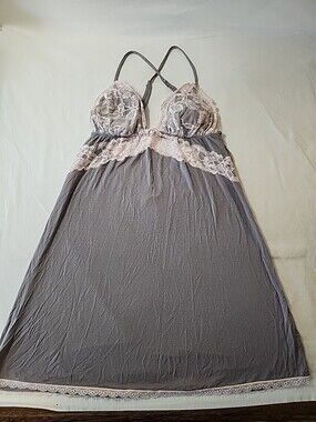 Victoria's Secret Chemise Gray  and pink lace Spaghetti Strap Nightgown MEDIUM